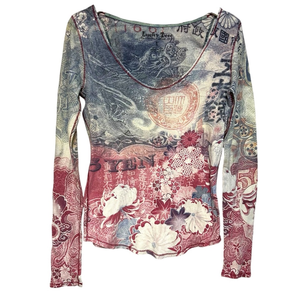 lucky brand L waffle thermal‎ Asian dragon money print yen graphic lotus indie